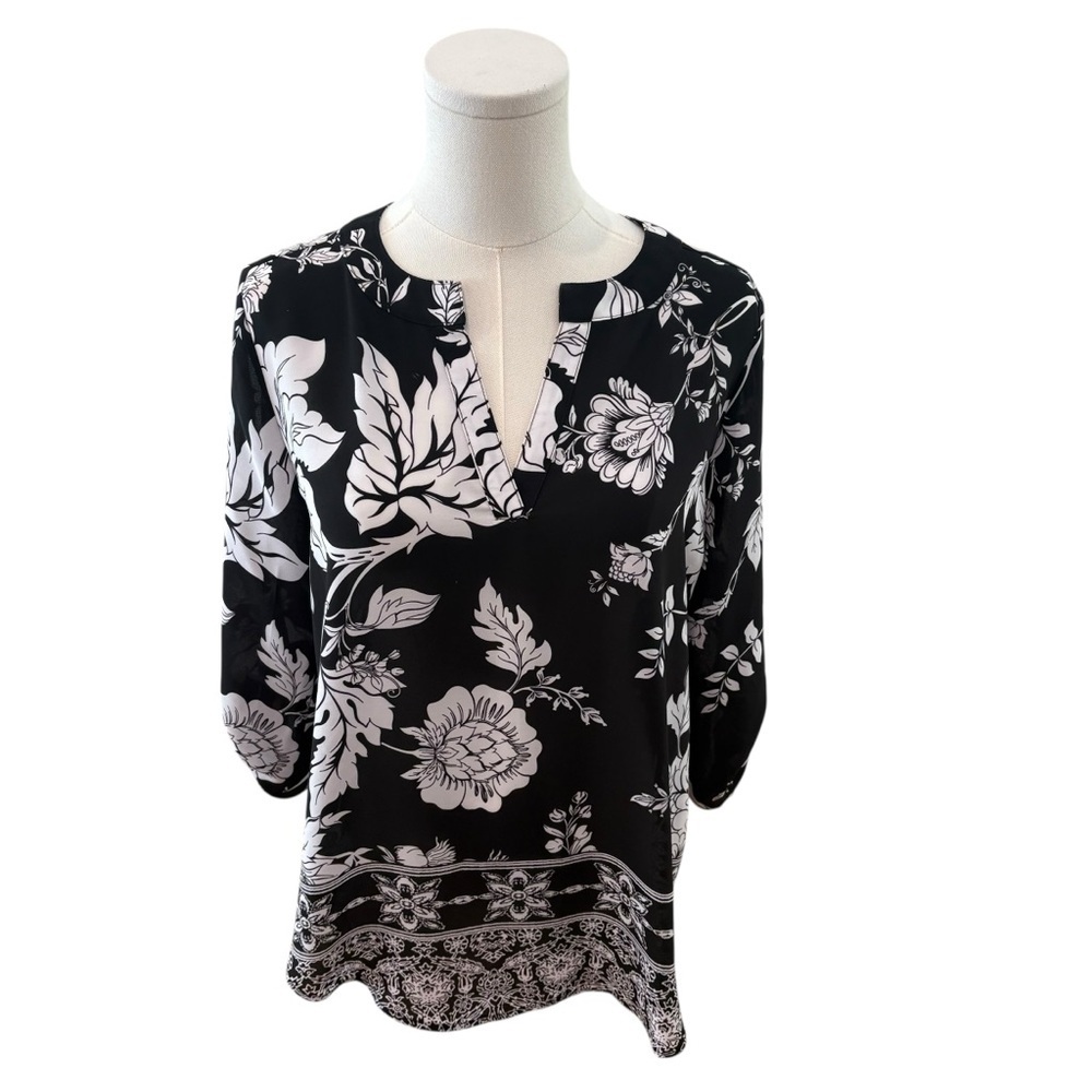 CATO Women's Small Soft Sheer Black Tunic 3/4 Sleeve Career Casual Blouse Top